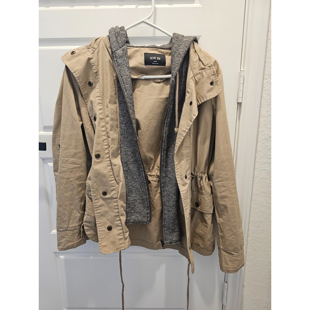 Active USA Hooded Terry Knit Brown Layered Utility Jacket Women's Small J2045